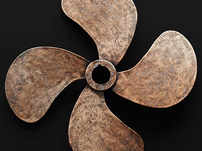Vintage Rustic Metal Propeller with Four Blades Center Hole Against Black Background 3d model