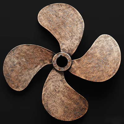 Vintage Rustic Metal Propeller with Four Blades Center Hole Against Black Background 3d model