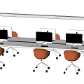 Long Modern Office Desk Setup With Three Mac Computers And Orange Chairs 3d model