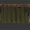 Traditional Canvas Tent Structure With Wooden Support Ropes And Pleated Green Fabric