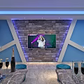 Modern KTV Lounge with Blue Sofas Decorative Wall TV Drink Tables and Stools 3d model