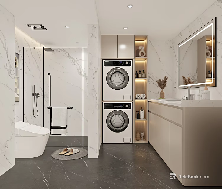 Modern Bathroom Interior Design With Marble Walls Bathtub Shower Stacked Washer And Large Mirror 3d model 