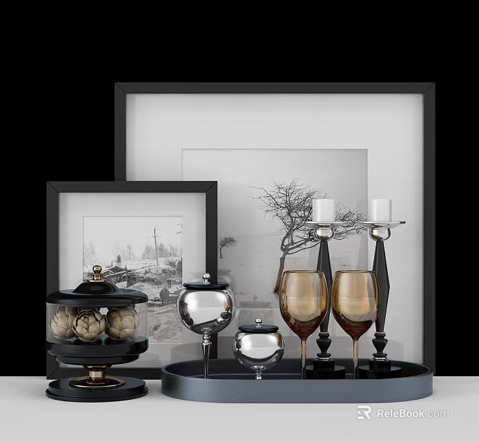 Decorative Ornament Set With Framed Photos Candle Holders Wine Glasses And Containers 3d model 