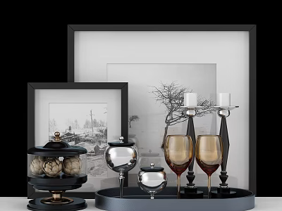 Decorative Ornament Set With Framed Photos Candle Holders Wine Glasses And Containers 3d model