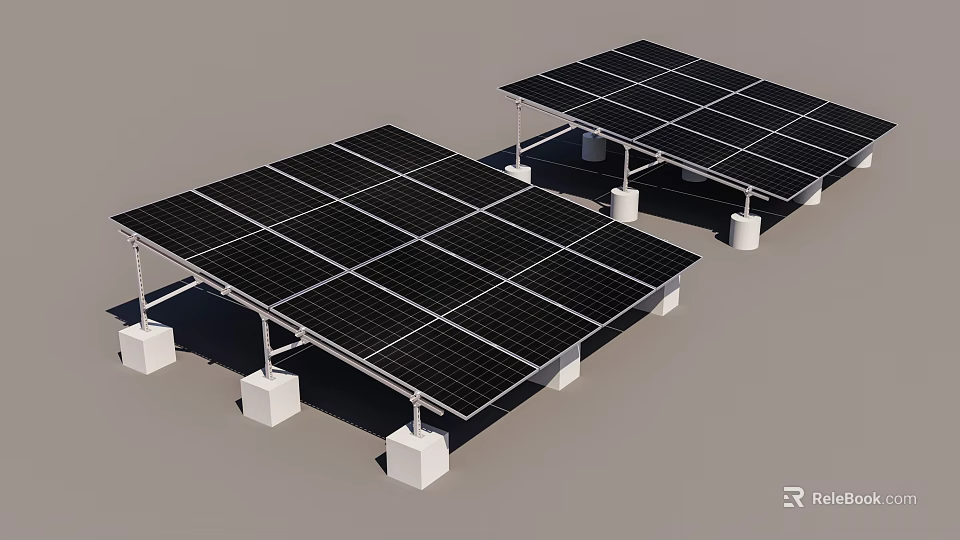 Solar Panel Arrays Installation With Concrete Supports And Ground Mounted Frames 3d model 
