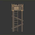 Scenic Rural Landscape Featuring Wooden Watchtower with Ladder and Pointed Fence Railing