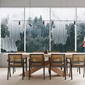 Modern Dining Table Set Interior With Large Windows Forest View And Raindrops 3d model