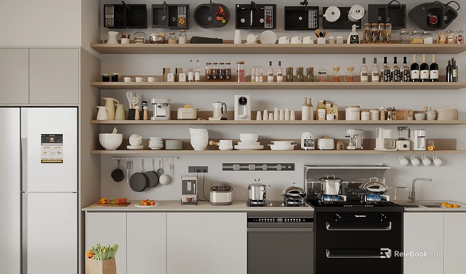 Organized Modern Kitchen With Shelves Full Of Cookware And Utensils 3d model 