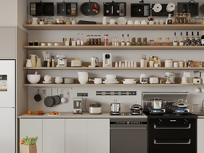 Organized Modern Kitchen With Shelves Full Of Cookware And Utensils 3d model