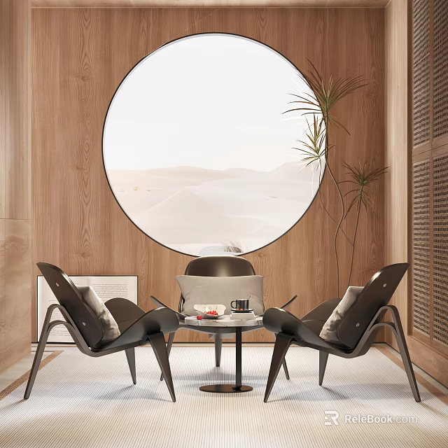 Modern Chair And Table Set With Round Window Desert View And Wooden Walls 3d model 