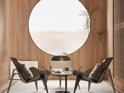 Modern Chair And Table Set With Round Window Desert View And Wooden Walls 3d model