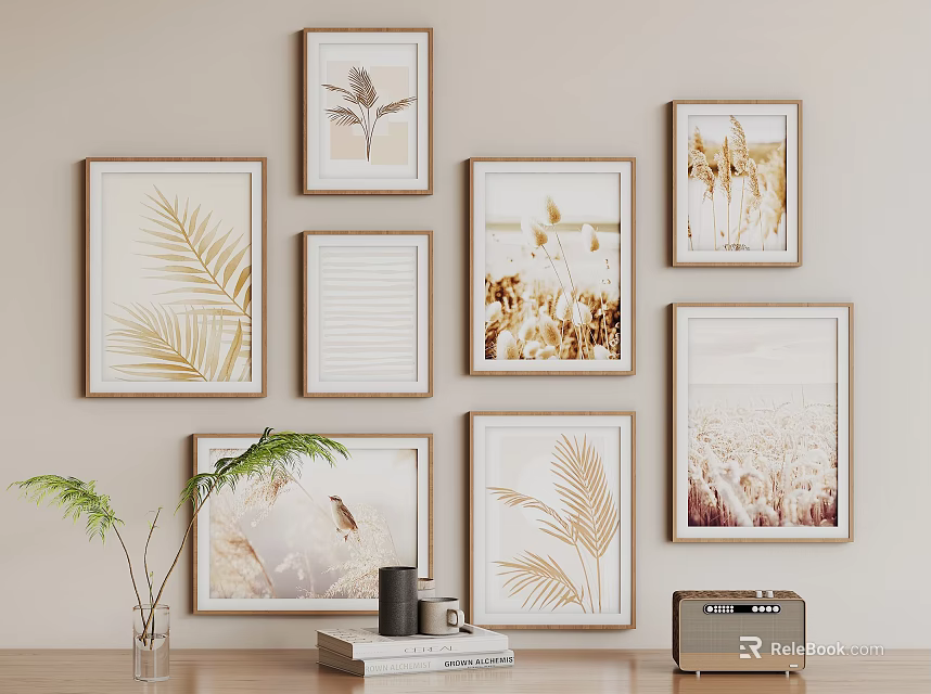 Multiple Landscape Paintings With Golden Frames Featuring Natural Elements On Beige Wall 3d model