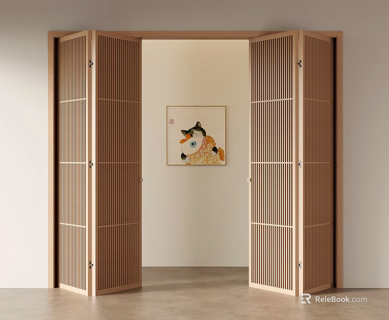 Wooden Folding Doors With Vertical Slats In Modern Interior Open Design 3d model 