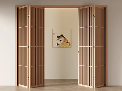 Wooden Folding Doors With Vertical Slats In Modern Interior Open Design 3d model
