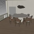 Round White Dining Table Set With Beige Chairs Pendant Light Window And Wall Art 3d model