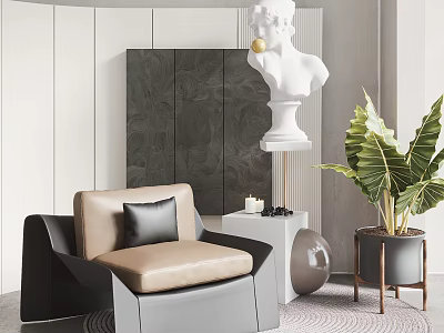 Modern Minimalist Single Sofa with White Sculpture Green Plant and Side Table in Living Room 3d model