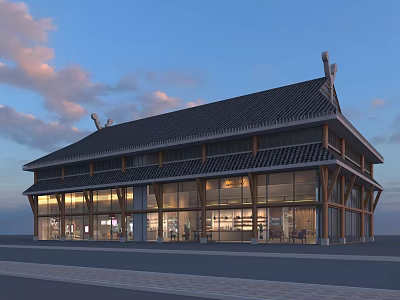 Traditional Ancient Building Exterior With Black Tiled Roof Wooden Frames And Glass Windows 3d model