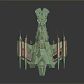 Green Sci Fi Spaceship With Prominent Structures And Red Glowing Components 3d model