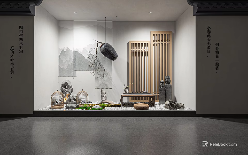 Traditional Chinese Window Display With Ink Mountain Painting Bamboo Screen Tea Sets And Green Plants 3d model 