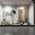 Traditional Chinese Window Display With Ink Mountain Painting Bamboo Screen Tea Sets And Green Plants