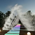 Outdoor Night Triangle Installation With Mist Colorful Steps Trees And Round Lights