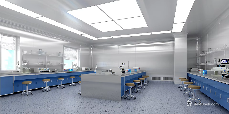 Modern Laboratory Interior With Bright Ceiling Lights Stainless Steel Tables And Blue Rolling Stools 3d model 