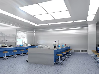Modern Laboratory Interior With Bright Ceiling Lights Stainless Steel Tables And Blue Rolling Stools 3d model