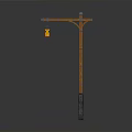 Vintage Street Lamp Design With Wooden Pole Carved Details And Hanging Lantern