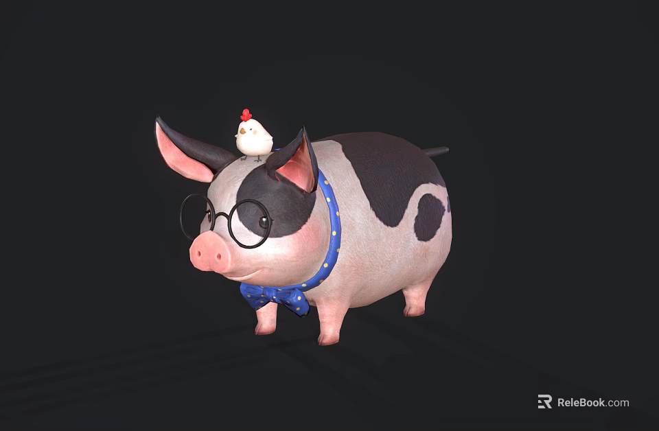 Cute Spotted Pig Wearing Glasses Blue Bow Tie With Chicken On Head 3d model 