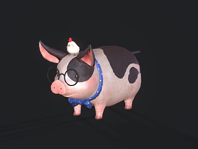 Cute Spotted Pig Wearing Glasses Blue Bow Tie With Chicken On Head 3d model
