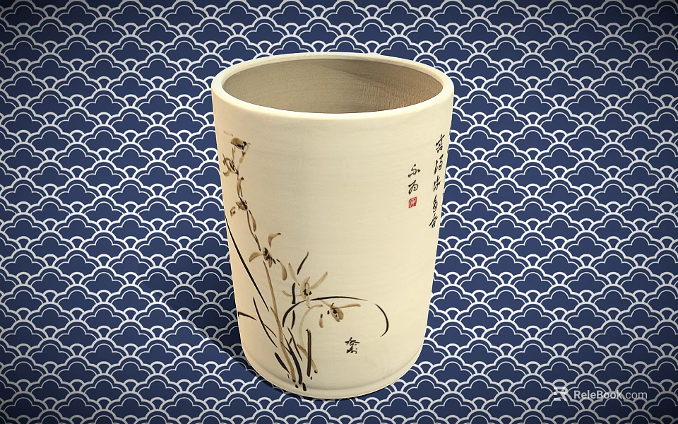 Classic Ceramic Brush Holder Featuring Traditional Orchid Pattern On Blue Cloud Background 3d model 