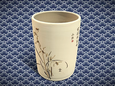 Classic Ceramic Brush Holder Featuring Traditional Orchid Pattern On Blue Cloud Background 3d model