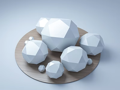 Modern Geometric Decorative Ornament Set With White Polyhedrons On Wooden Base 3d model