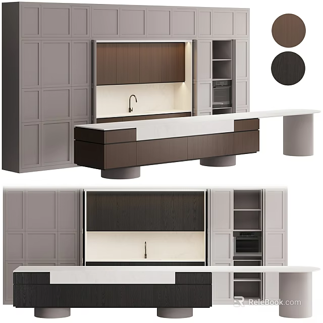 Modern Kitchen Featuring Gray And Dark Brown Cabinets With White Countertop Island 3d model 