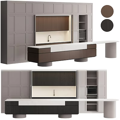 Modern Kitchen Featuring Gray And Dark Brown Cabinets With White Countertop Island 3d model