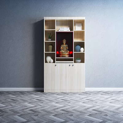 Wooden Display Cabinet With Buddha Statue Decorative Plants And Ornaments 3d model
