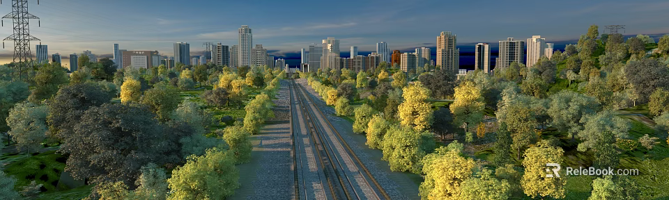 Modern Road Infrastructure with Street Lights Traffic Signs Sidewalks and Green Belts 3d model 