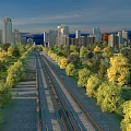 Modern Road Infrastructure with Street Lights Traffic Signs Sidewalks and Green Belts