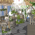 Outdoor Restaurant With Thatch Roof Tent Structure String Lights And Green Plants