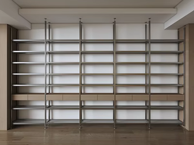 Modern Metal Frame Storage Shelving Unit With Wooden Shelves And Multiple Tiers In Home Interior 3d model