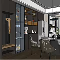 Modern Dining Room Interior With Round Table Chairs Hanging Chandeliers And Framed Paintings