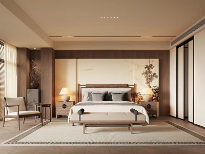 Modern Bedroom Interior With Wooden Bed Floral Pattern Wall Nightstands And Table Lamps 3d model
