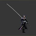 Game And Movie Character With Long Hair Dark Robe Holding Long Sword Standing Pose