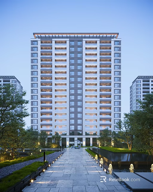 Modern High Rise Residential Building Exterior With Large Windows Green Surroundings And Entrance Area 3d model 