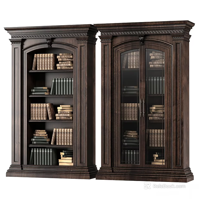 Two Dark Wooden Carved Cabinets With Glass Doors And Shelves Filled With Books 3d model 