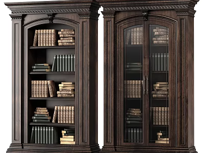 Two Dark Wooden Carved Cabinets With Glass Doors And Shelves Filled With Books 3d model