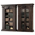 Two Dark Wooden Carved Cabinets With Glass Doors And Shelves Filled With Books