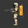 Astronaut In Spacesuit Holding Weapon Like Device On Gray Background With Reflective Ground