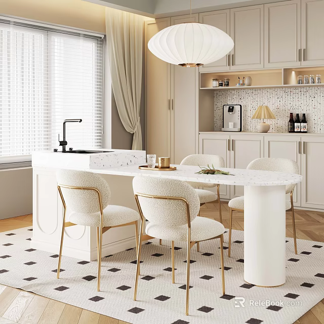 Modern Kitchen Dining Space With White Marble Table Gold Leg Chairs And Pendant Light 3d model