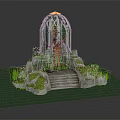 Cartoon Scene With Stone Dome Orange Door Moss Covered Stones Steps Green Grass Pink Flowers
